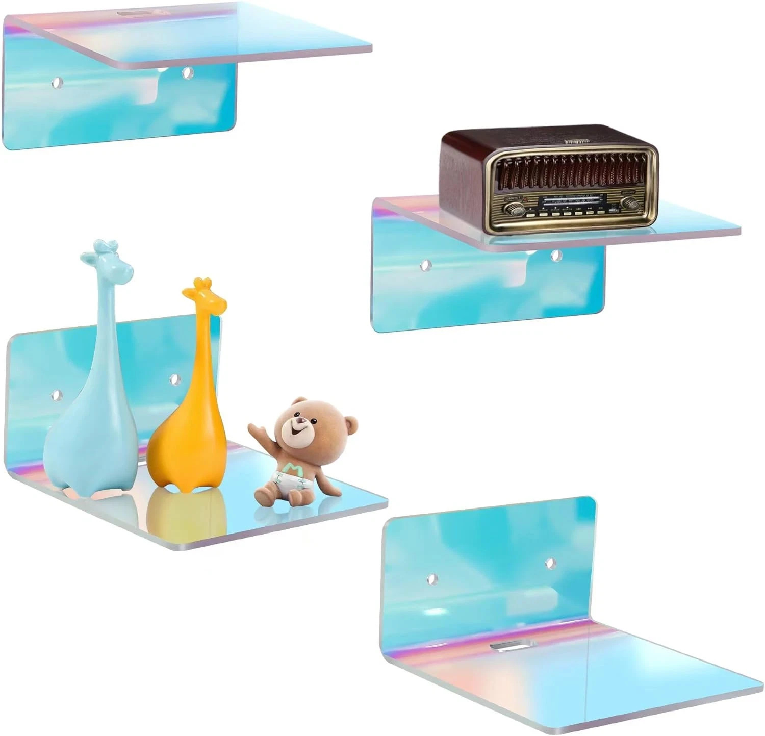 4 Pack Iridescent Small Wall Shelf, 4” Acrylic Shelves Display Ledges for Stora
