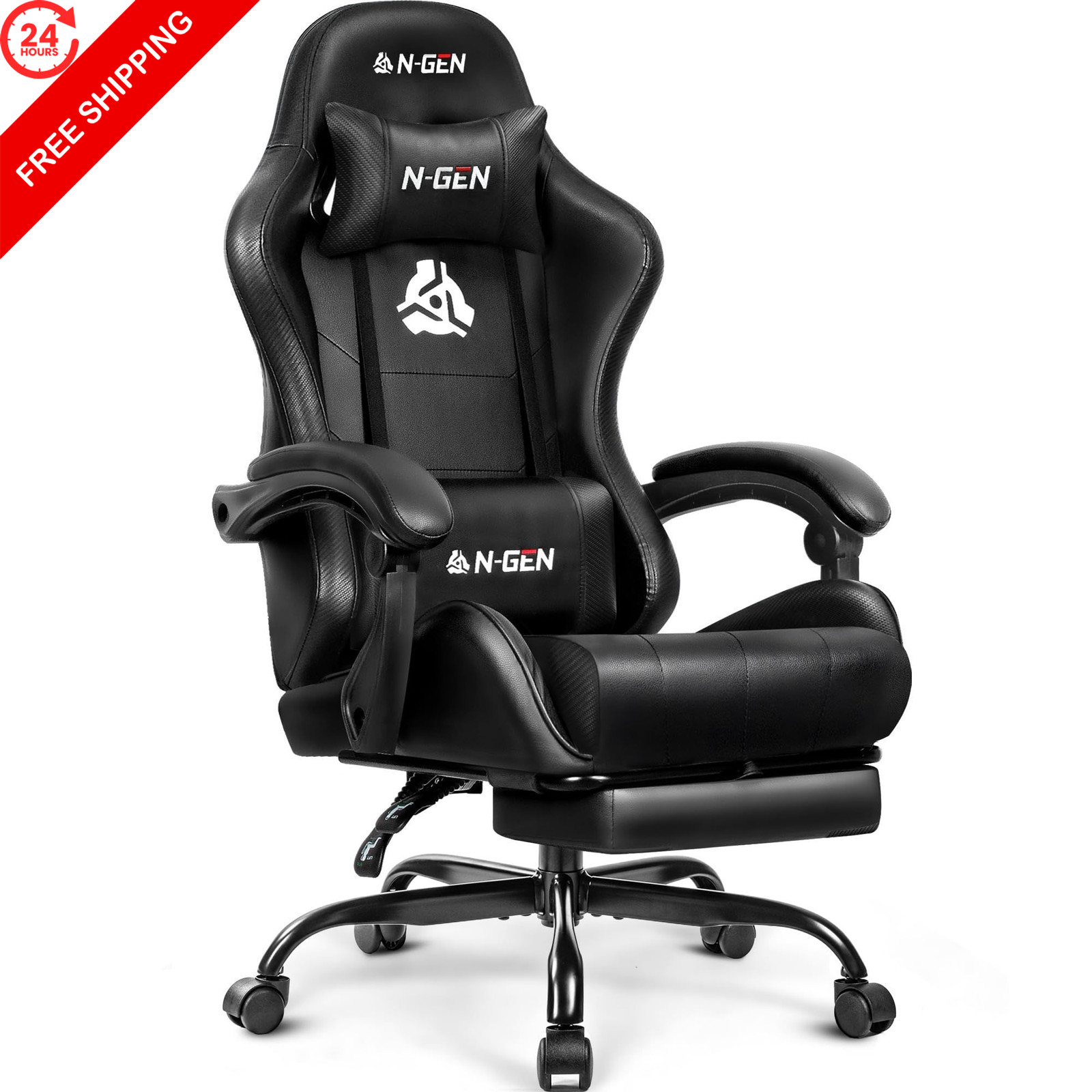 N-GEN GAMING Gaming Chair with Footrest, Lumbar, High-Back, All Black