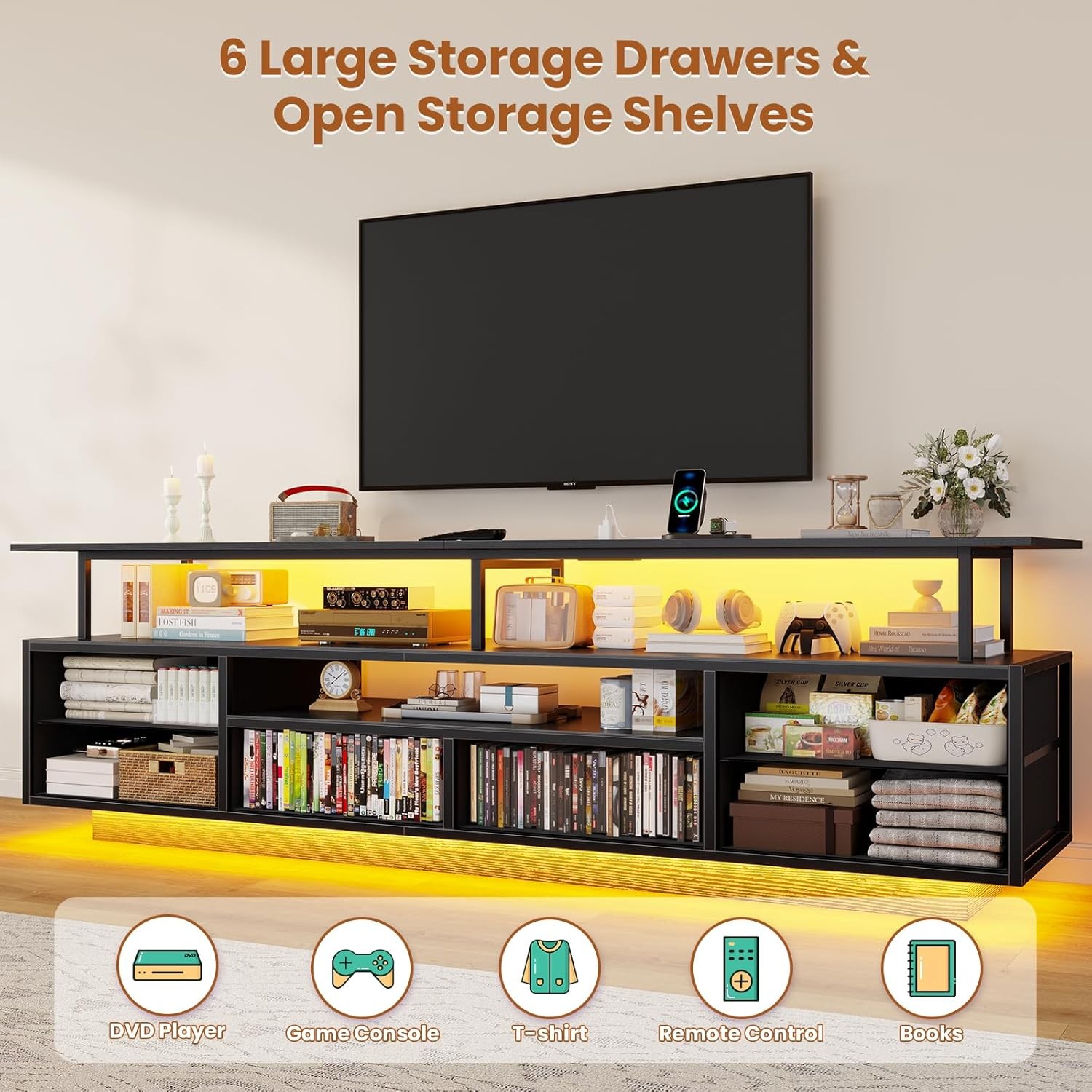 TV Stand for 65 70 TV with LED Lights and 6 Drawers Black