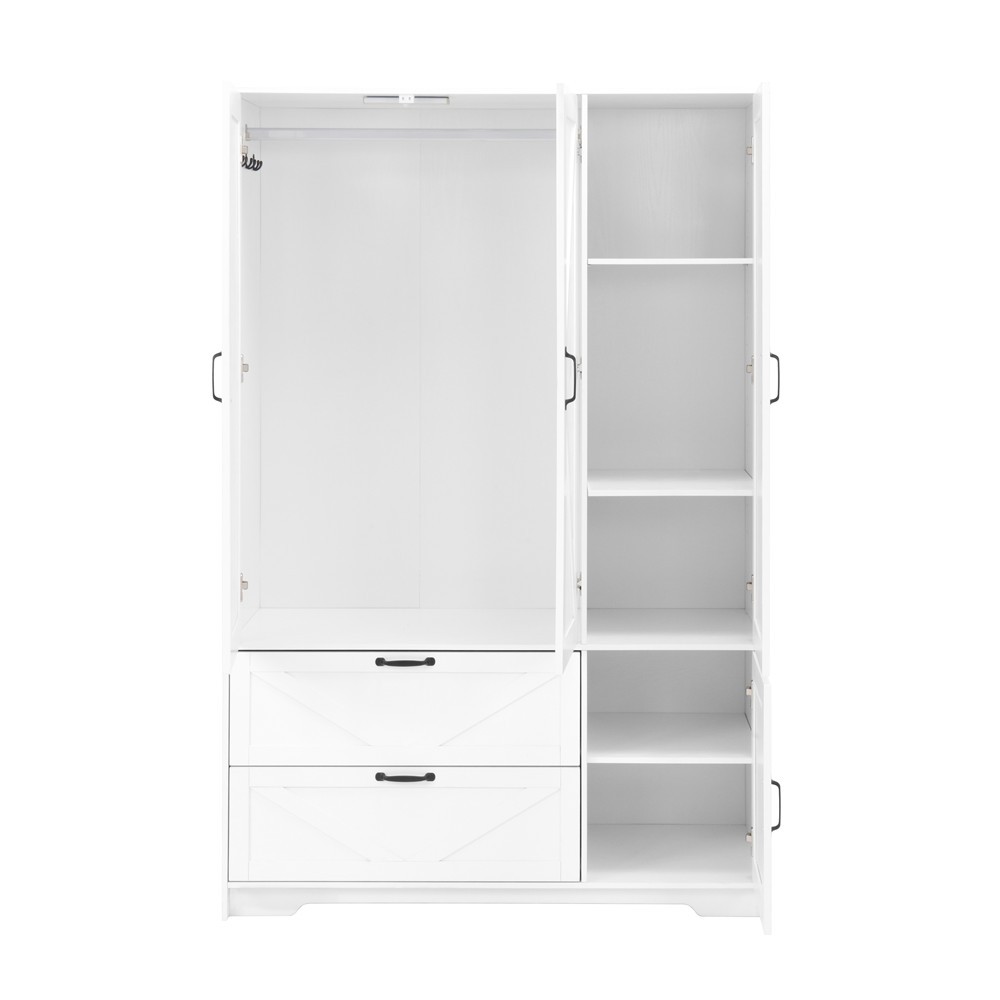 4 Doors Freestanding Wardrobe, Mirror Armoire Closet Storage Cabinet, 2 Drawers