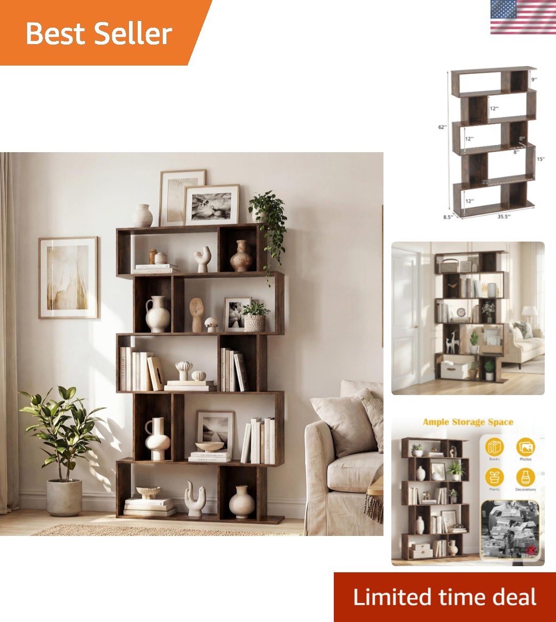 5-Tier Geometric Bookcase, S-Shaped Bookshelf with 10 Open Storage Cubes, Mod…