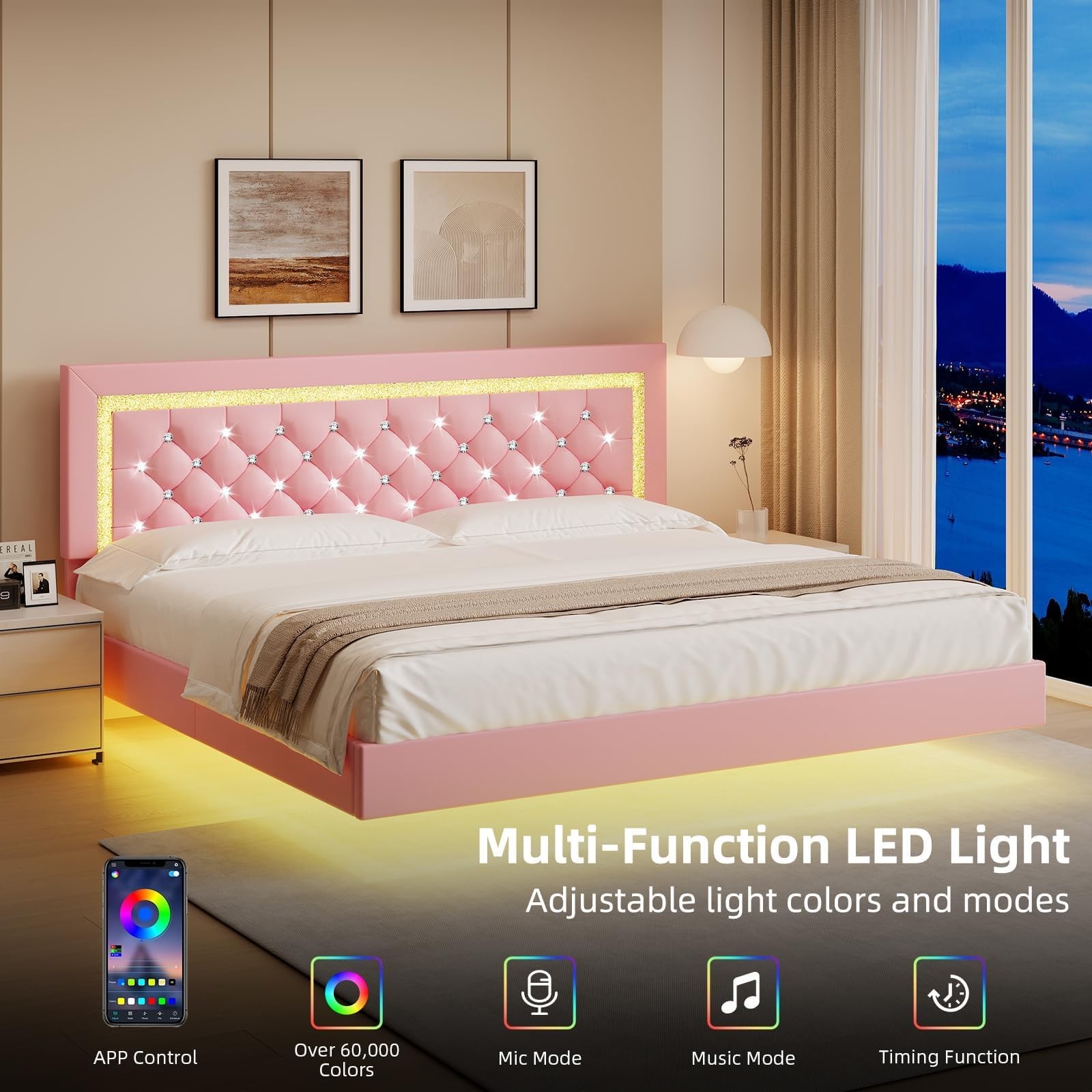Floating King Bed Frame with LED Lights Upholstered Diamond Headboard Pink