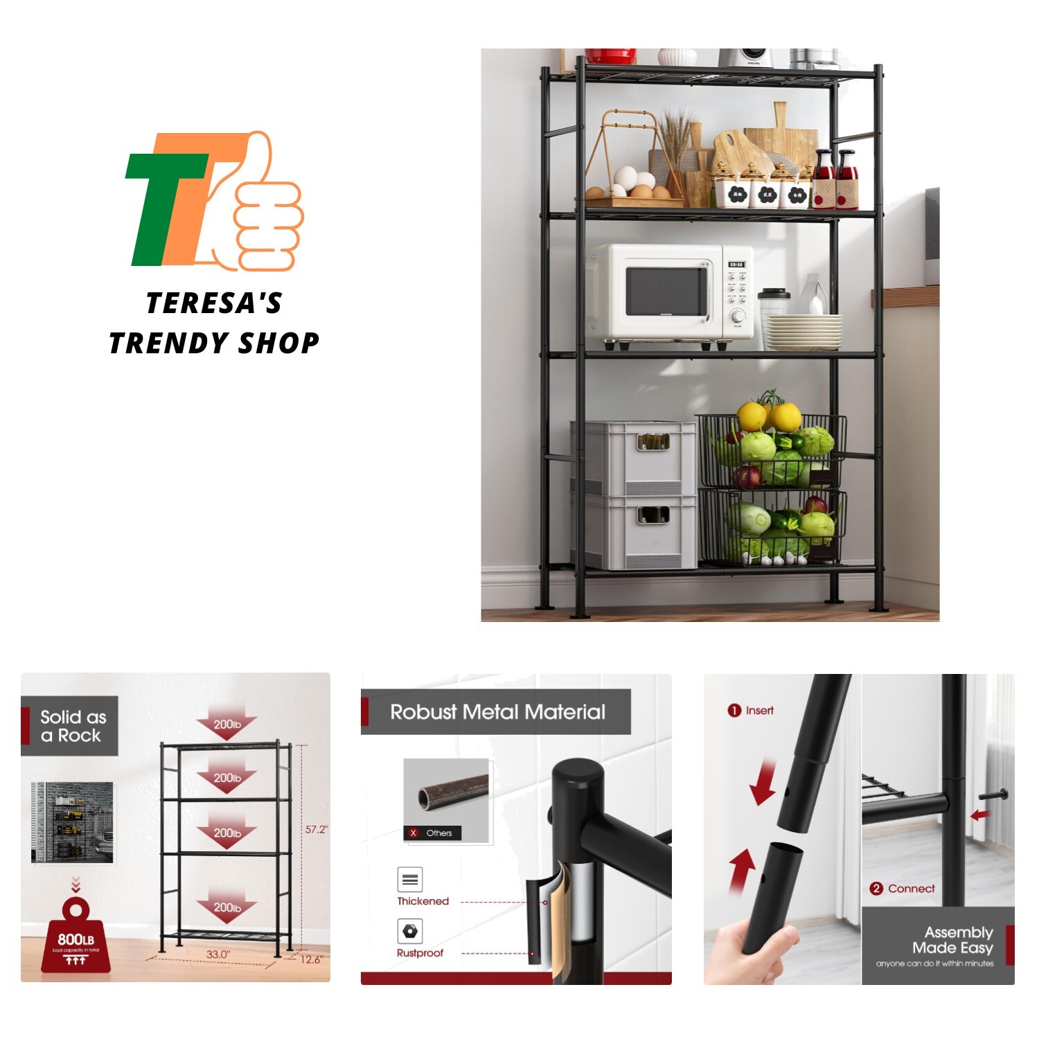 Compact Heavy Duty 4 Tier Shelving Unit – Easy Assembly, 800 lb Capacity, Black