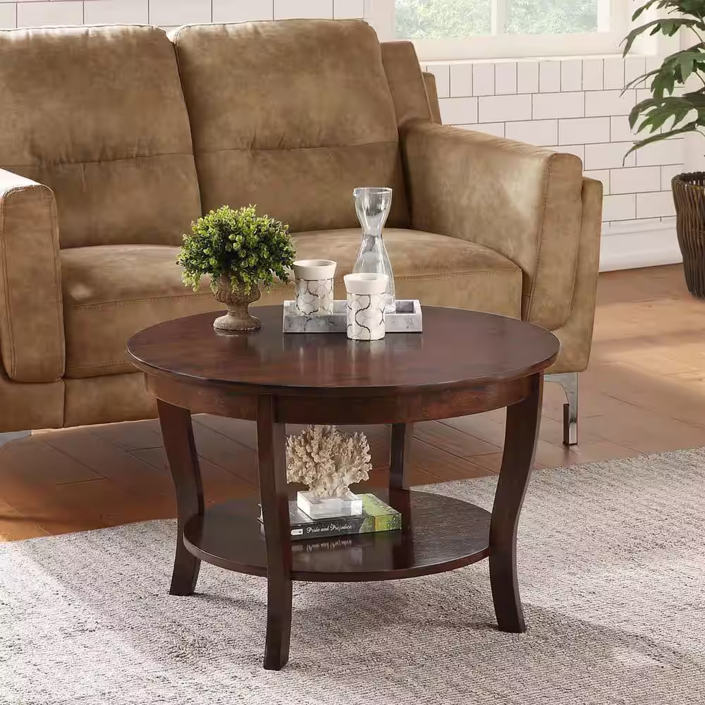 American Heritage 30 In. Espresso round Wood Top Coffee Table with Shelf