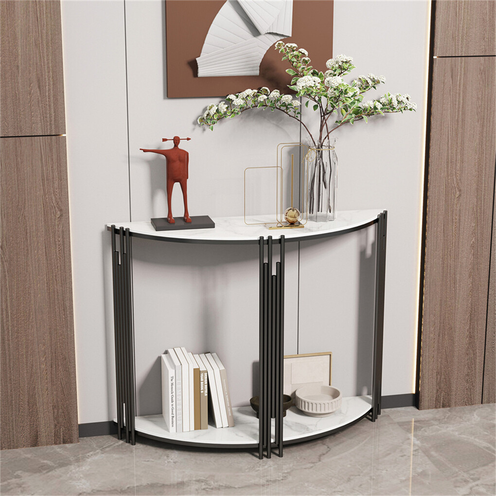 Classic White Marble Entryway Table Sintered Stone Top w Black Metal Leg Hallway
