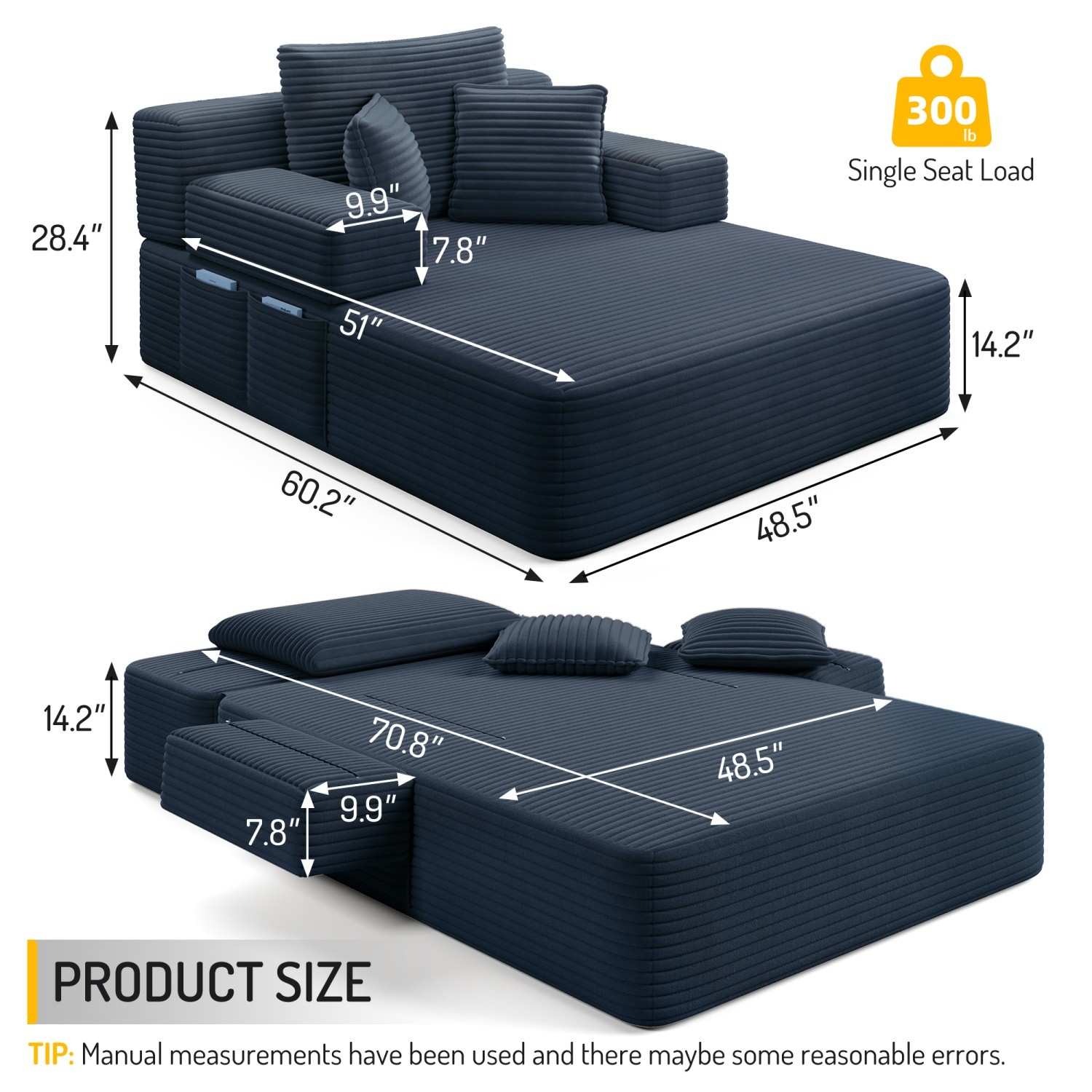 Modern Plush Corduroy Sofa Bed Chaise Lounge No Assembly Required with 3 Pillows