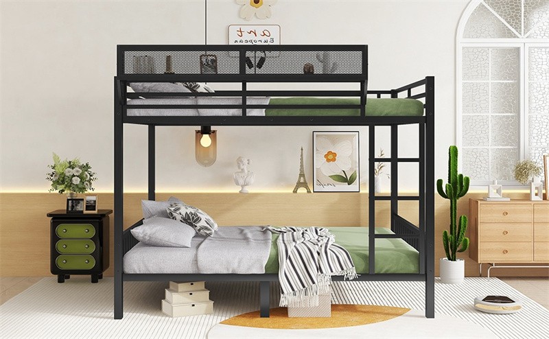 Queen Over Queen Metal Bunk Bed with Full-length Guardrail & Storage Shelf,Black