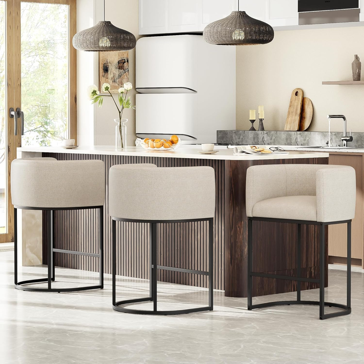 26″ H Counter Height Bar Stools Set of 2, Modern Barrel Counter Stools with Back