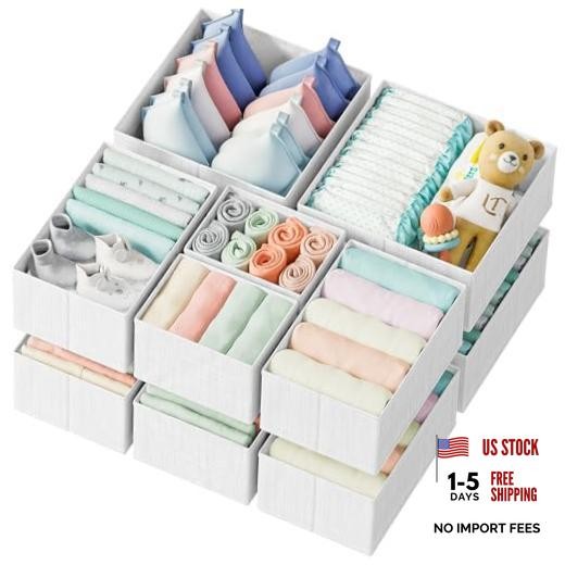 Set of 12 Dresser Organizer Clothes – White-Grey Drawer Organizer Baskets