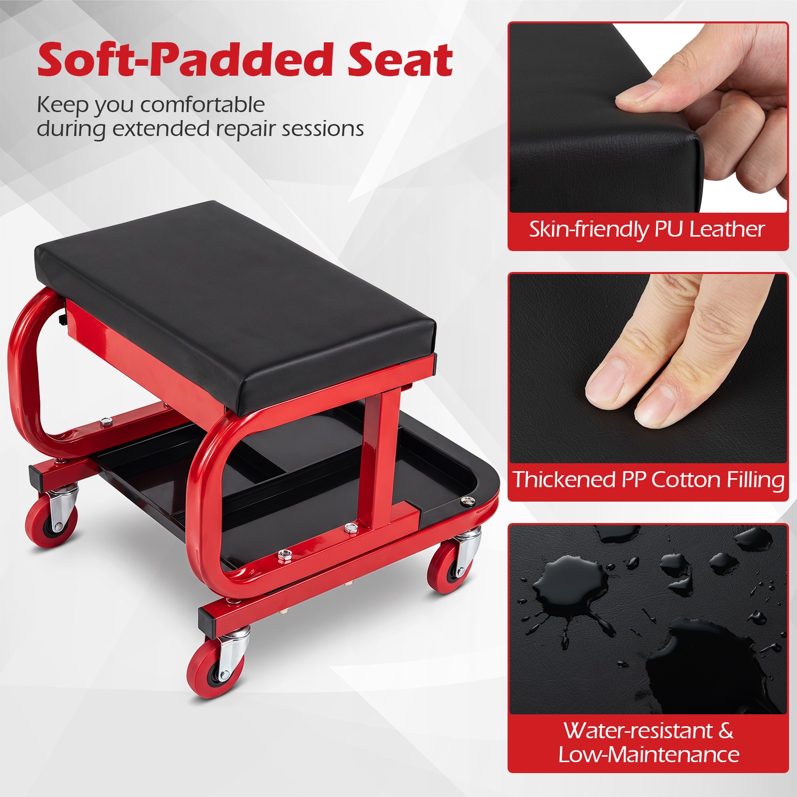Mechanic Rolling Stool w/Tool Trays & Magnetic Drawer, Padded Cushion, 4 Wheels