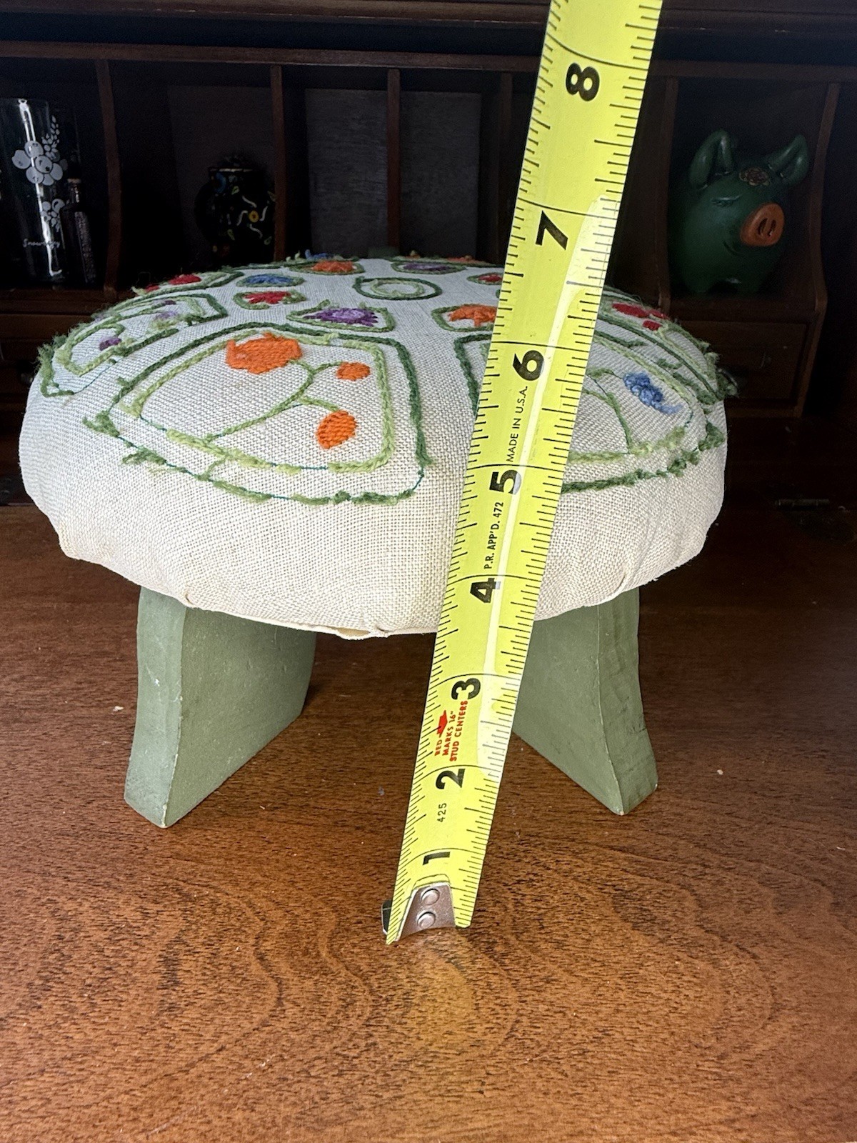 VTG Handmade Turtle Footstool – Embroidered Top – Green Wood Base – Folk Art