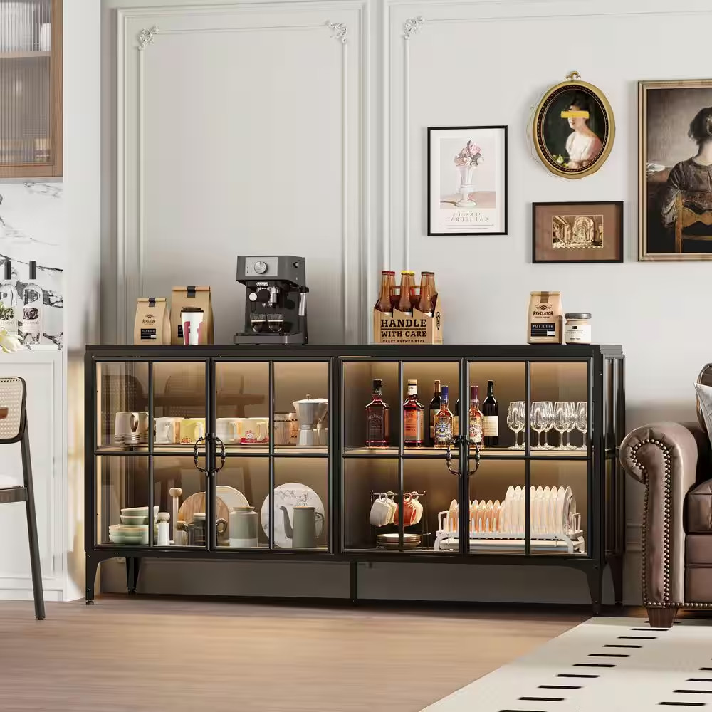 Black 31.5 In. H Wood and Metal Accent Cabinet, Sideboard, Bookcase with 4 Shelv
