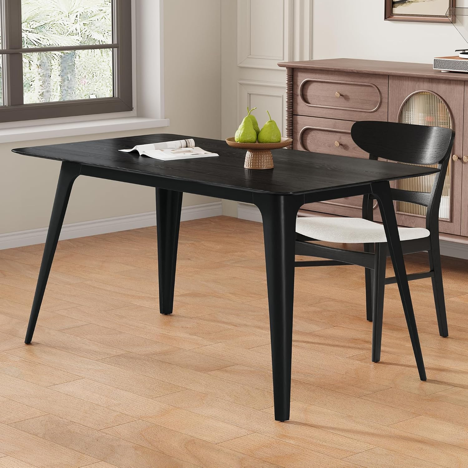 Mid-Century Modern Black Solid Wood Dining Table for 4, 47.2 Inch