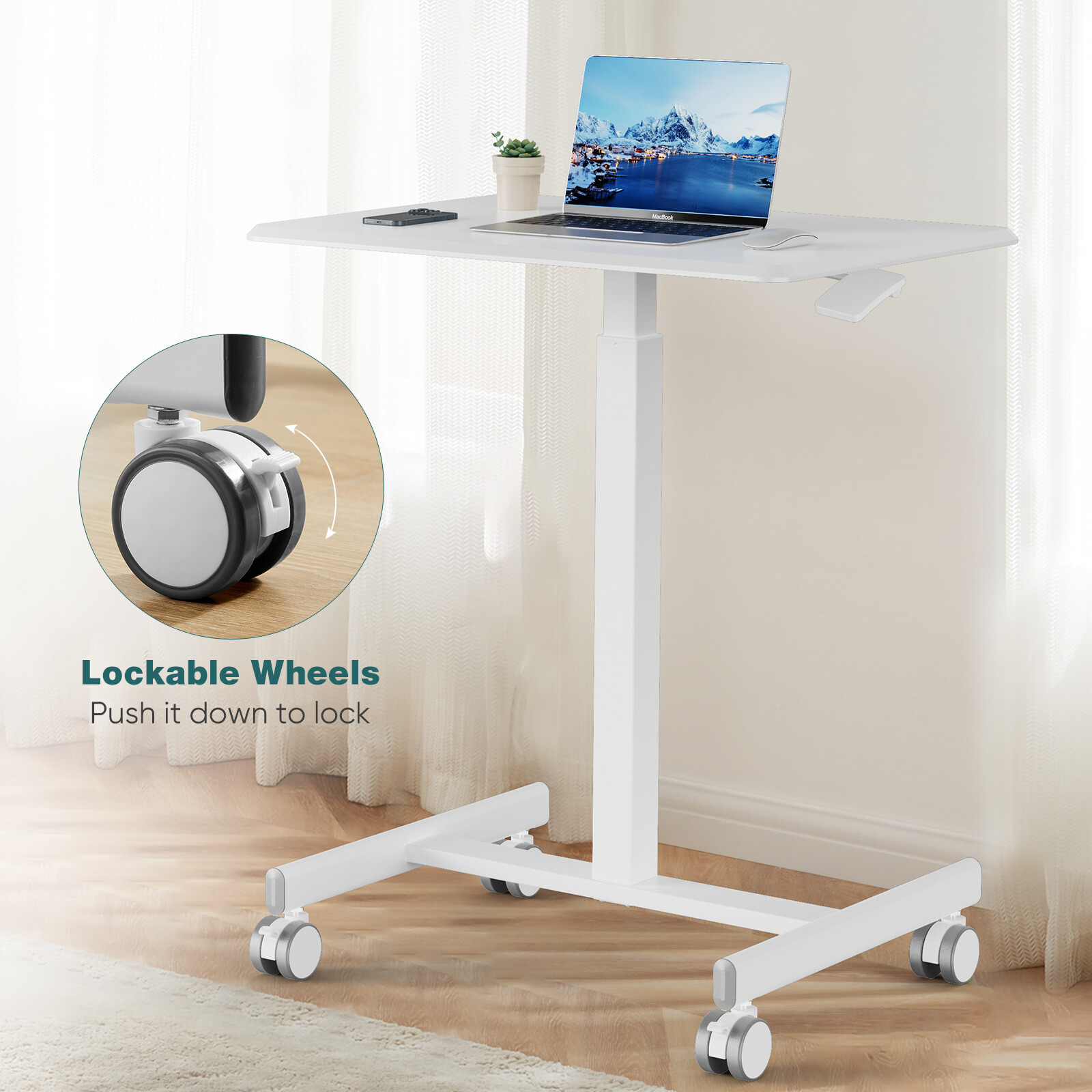 Mobile Small Standing Portable Rolling Laptop Sit Stand Desk with Lockable Wheel