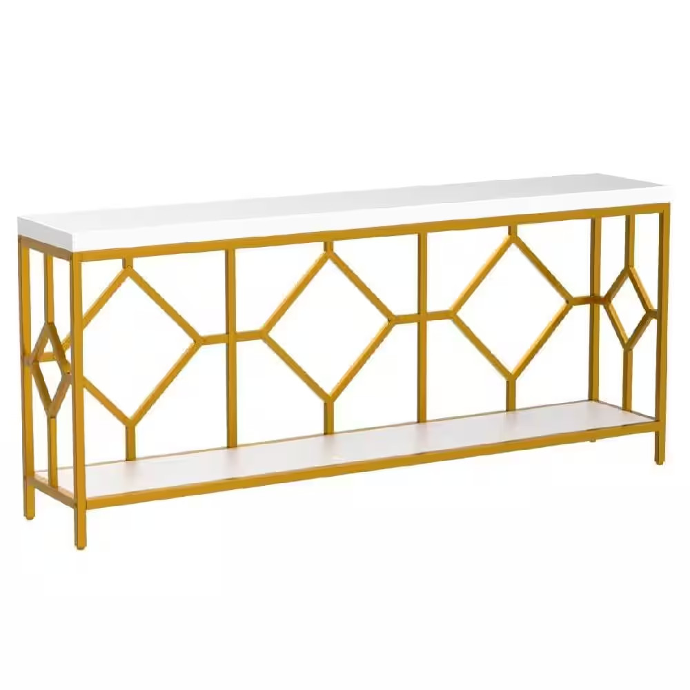 Turrella 70.9 In. Whiteandgold Extra Long Rectangle Wood Console Table behind Co