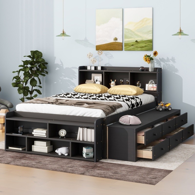 Full Size Wood Storage Bed w/Bookcase,6 Drawers & Bed End Storage Case Espresso