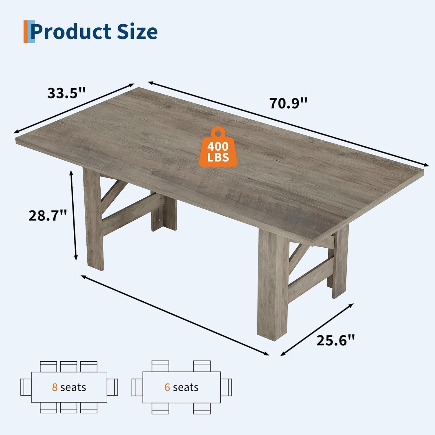 71″ Rectangular Farmhouse Dining Table for 6-8, Wood Table Only, Triangular Legs