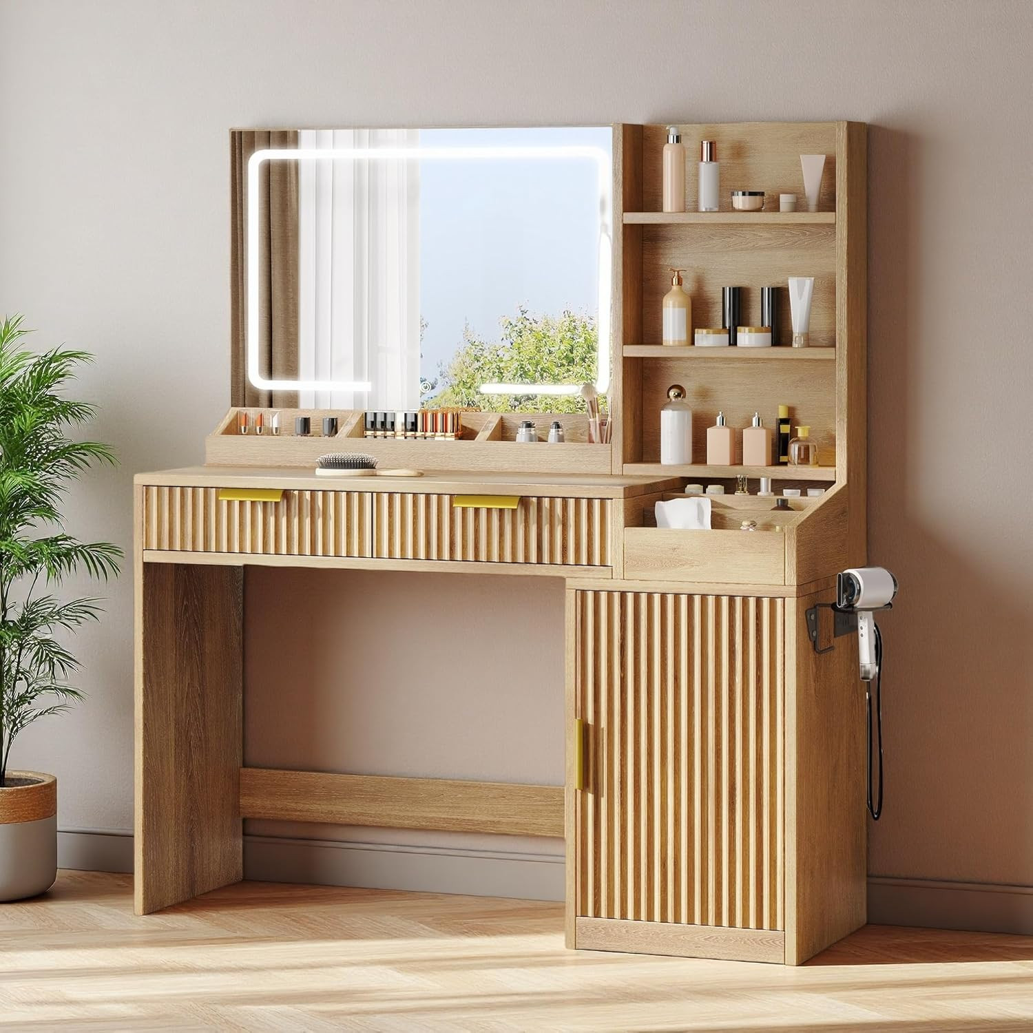 Elegant Oak Makeup Vanity Desk with Mirror, Lights & Charging Station
