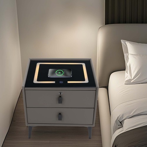 Dark Grey 2-Drawer Nightstand Fingerprint Lock Qi Charging Bluetooth Speaker