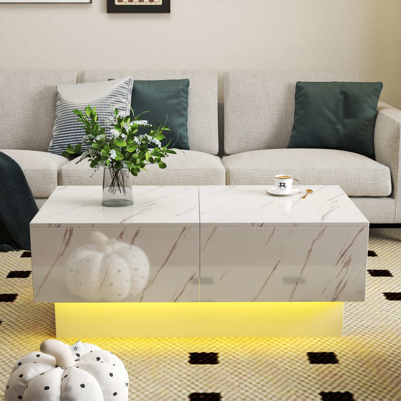 Extendable Coffee Table with Sliding Top & Hidden Storage, White