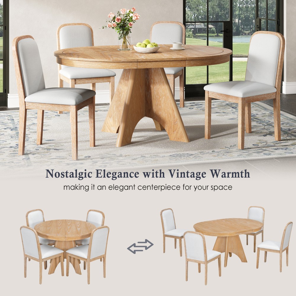 Vintage Extendable Dining Table Set for 4-6 with 4 Upholstered Chairs