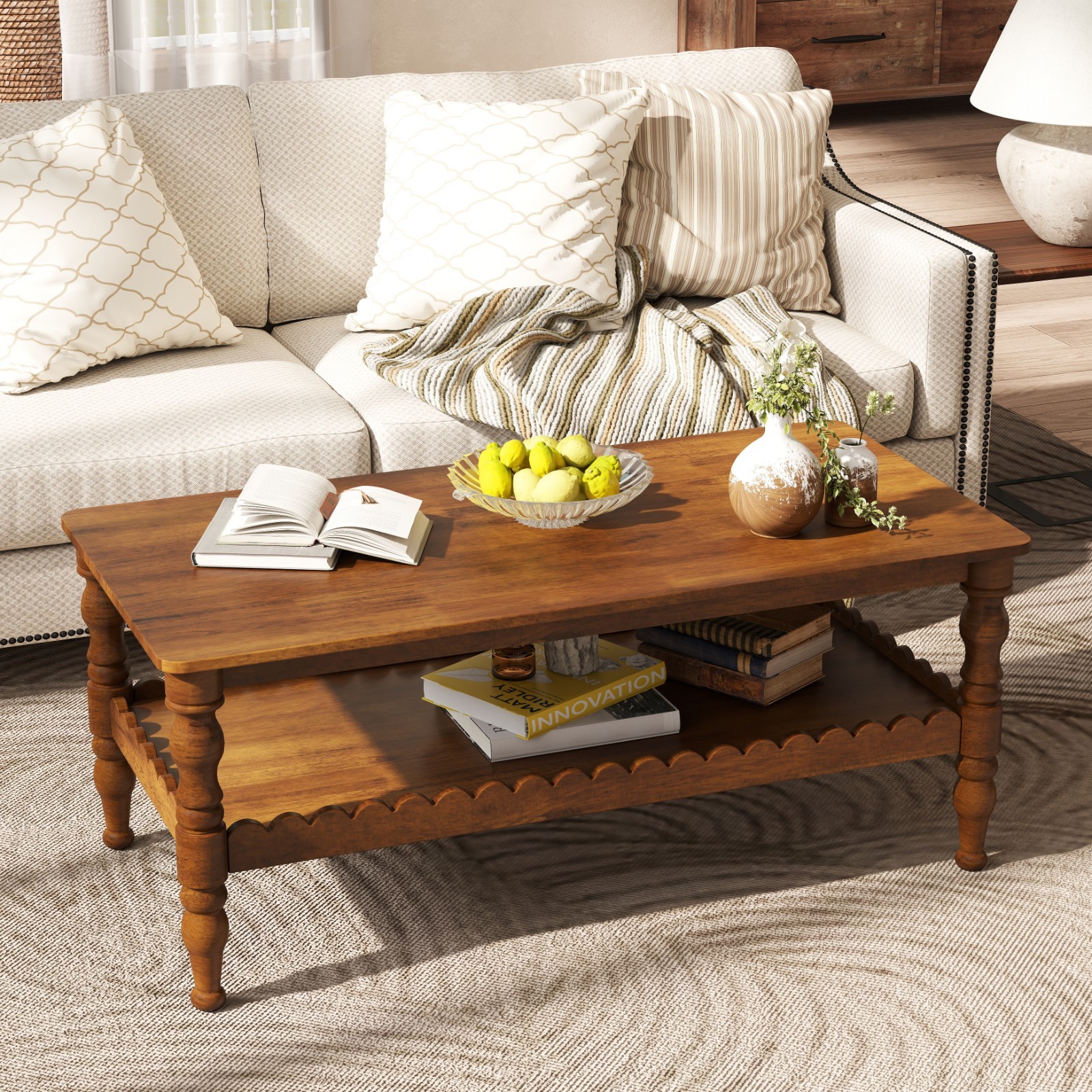 2-Tier Rectangle Coffee Table Center Table With Storage Shelf for Living Room