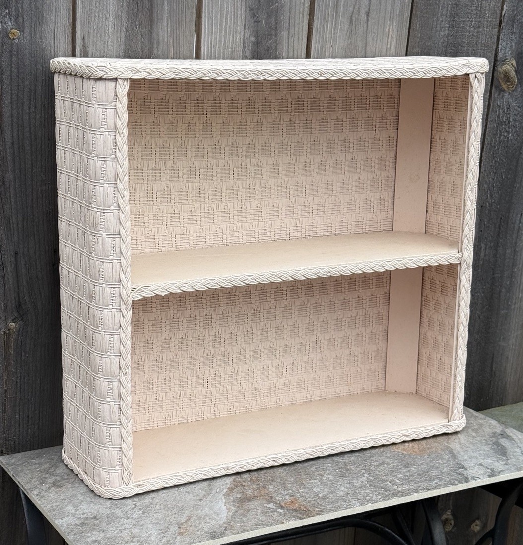 Vintage MCM Off White Wicker Shelf Wall Hung or Free Standing 2 Tier Shelf