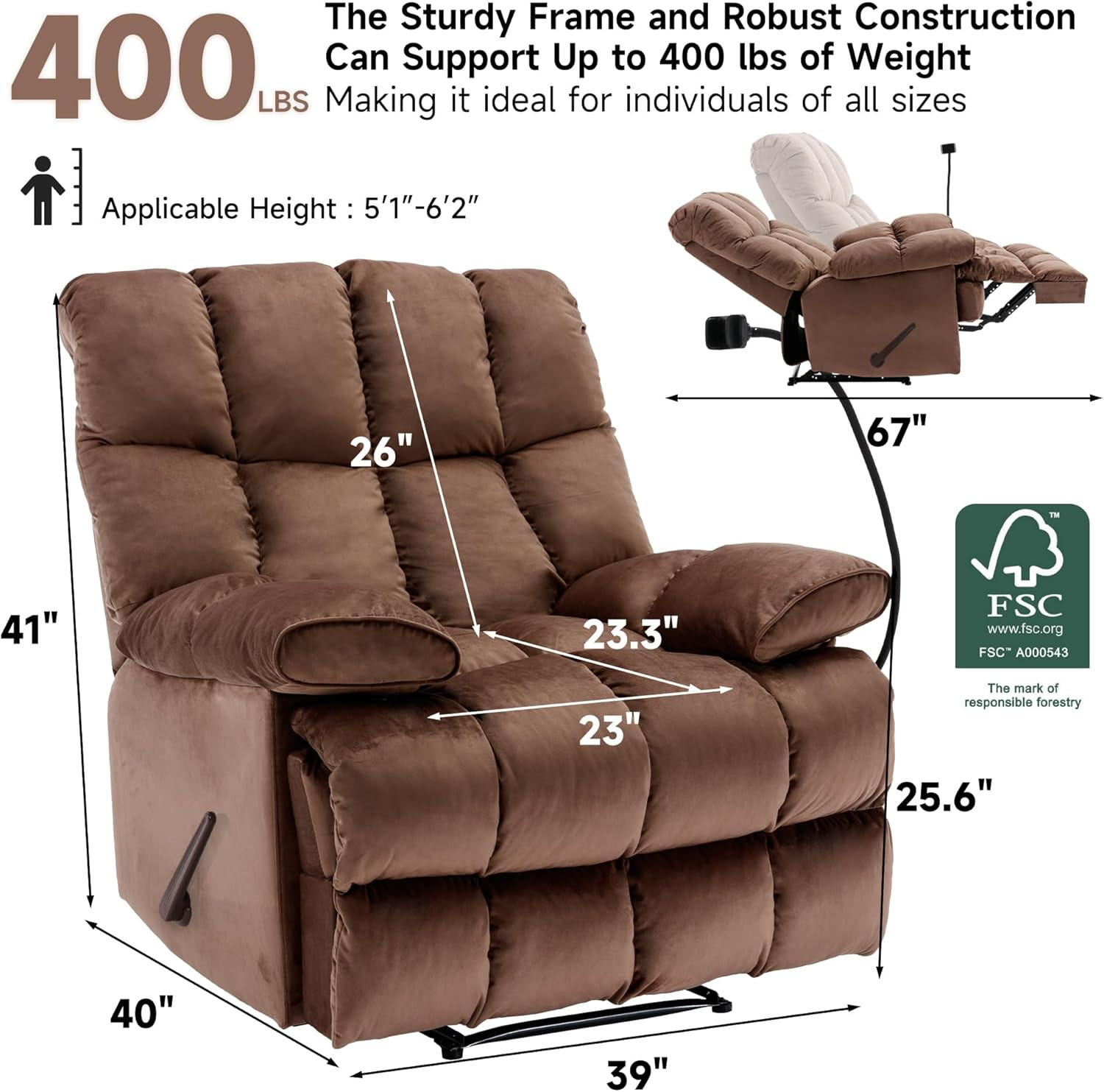 Oversized Recliner Chair, Big Man Recliner Chairs for 400LBS Adults, Extra Wide