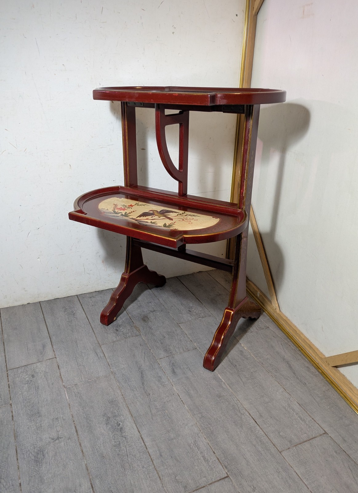 Vintage Asian Chinoiserie Folding Butler Tray Table Hand Painted Birds Red/Gold