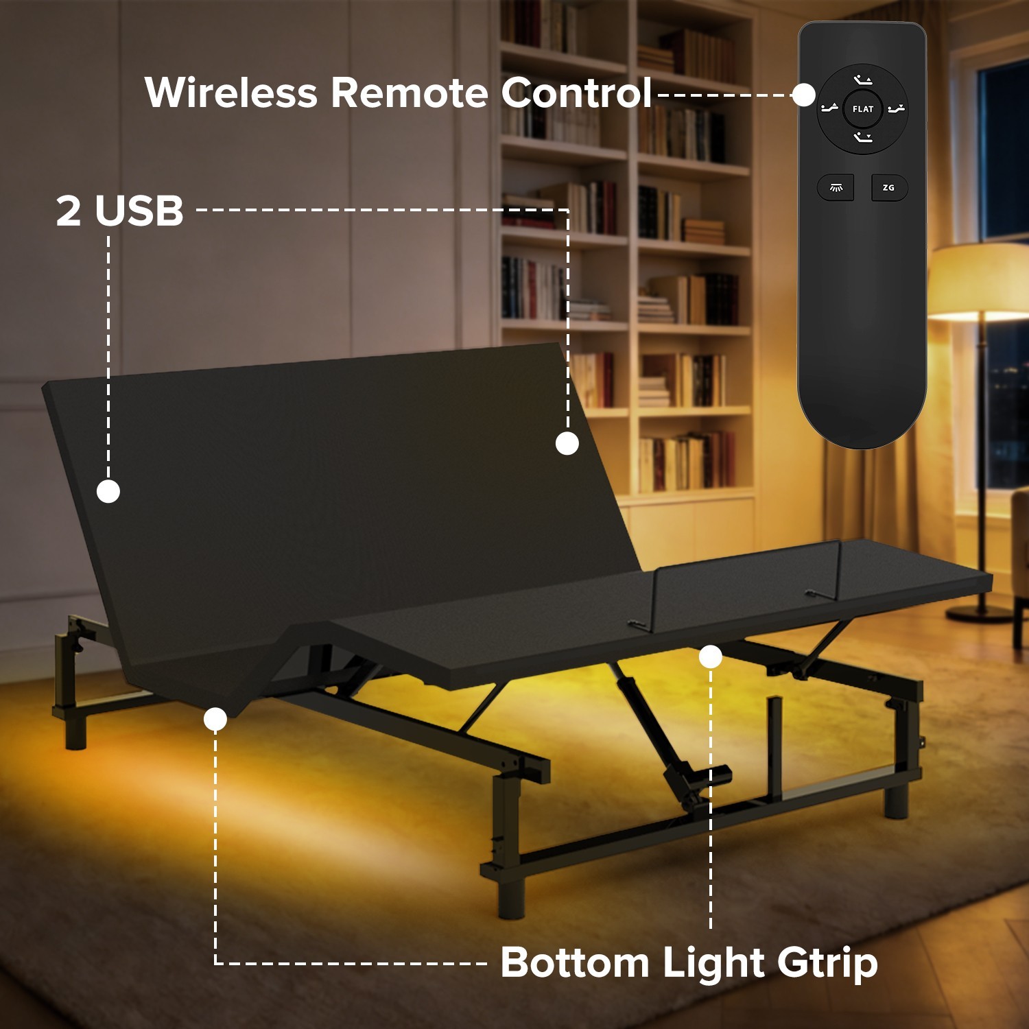 Adjustable Queen Base with Zero Gravity, Wireless Remote, USB Ports & Lights