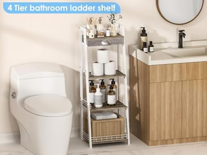 4-Tier Elegant Ladder Shelf, Bathroom Storage 4-Tier Regular with Drawer White