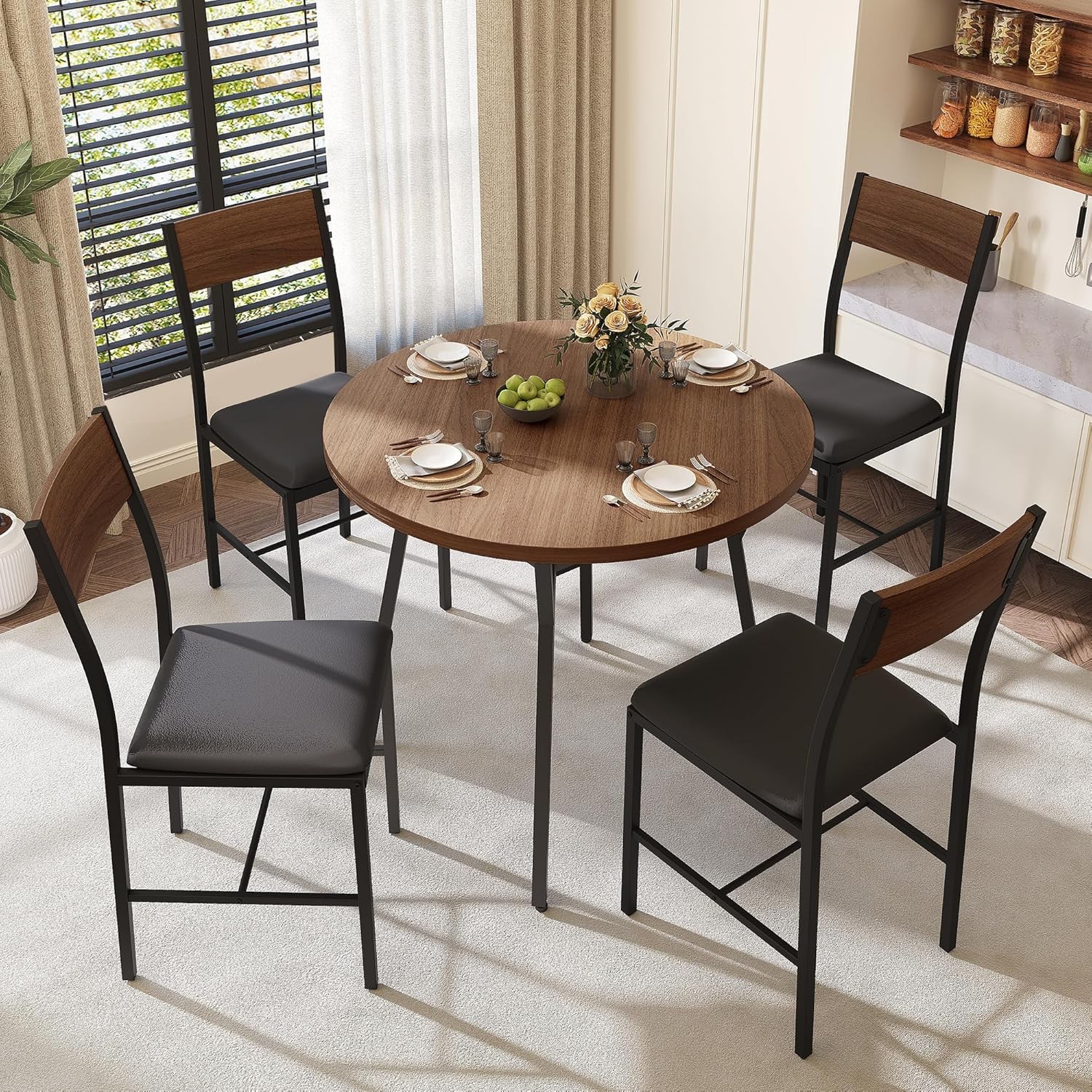 Round Dining Table Set for 4, Kitchen Table and Chairs for 4, Dining Room Circle