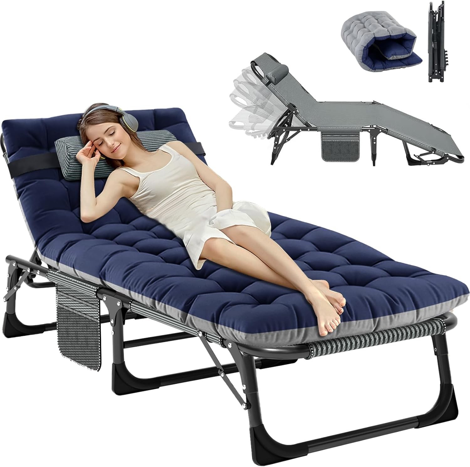 NAIZEA Camping Cot 4 Gears Adjustable Folding Chaise Chair Bed w/Mattress Pillow