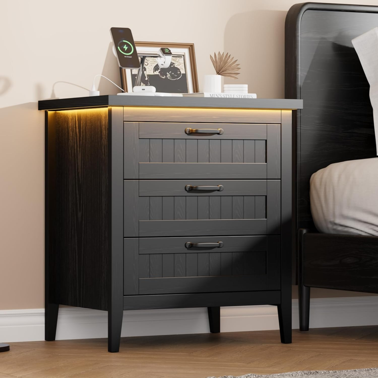 3 Drawer Dresser for Bedroom, Small Wooden Dressers, Nightstand with Power Outle