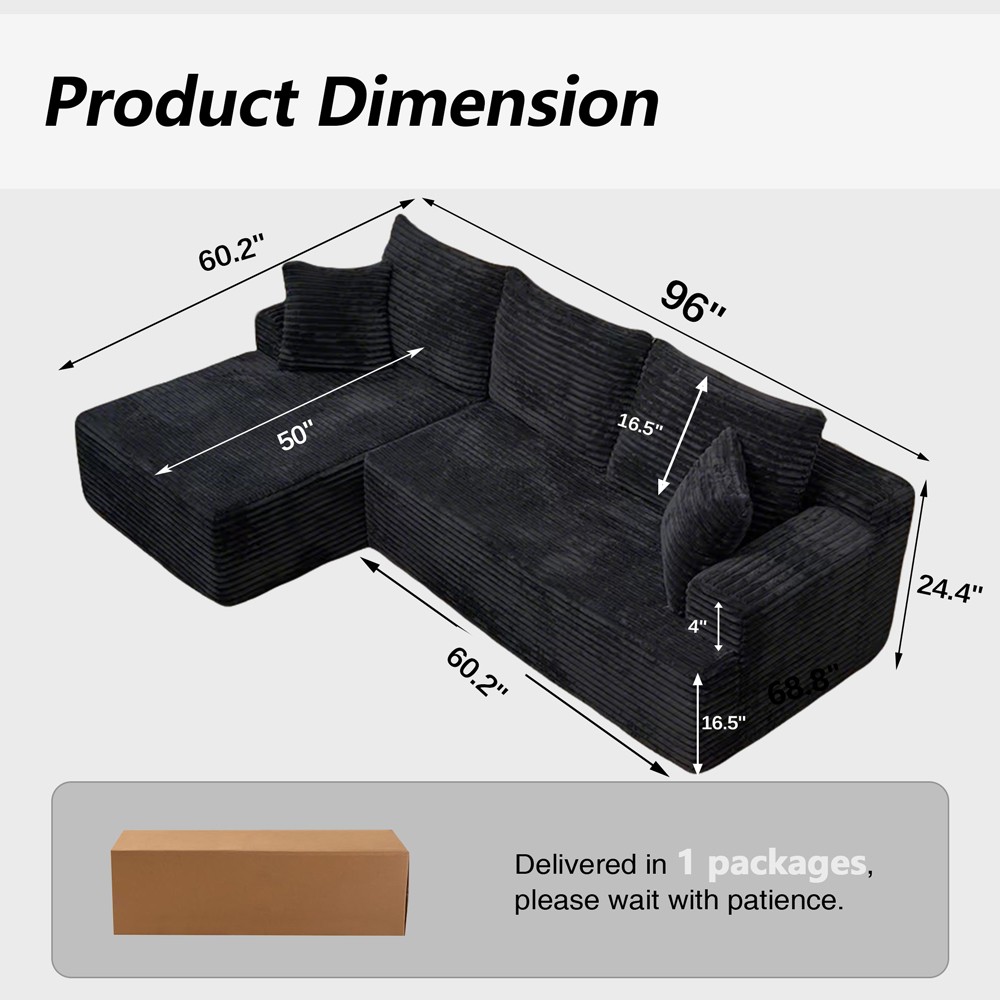 96″Frameless Boneless Soft Sofa,Cloud Sectional Couch With L-Shaped Chaise Black