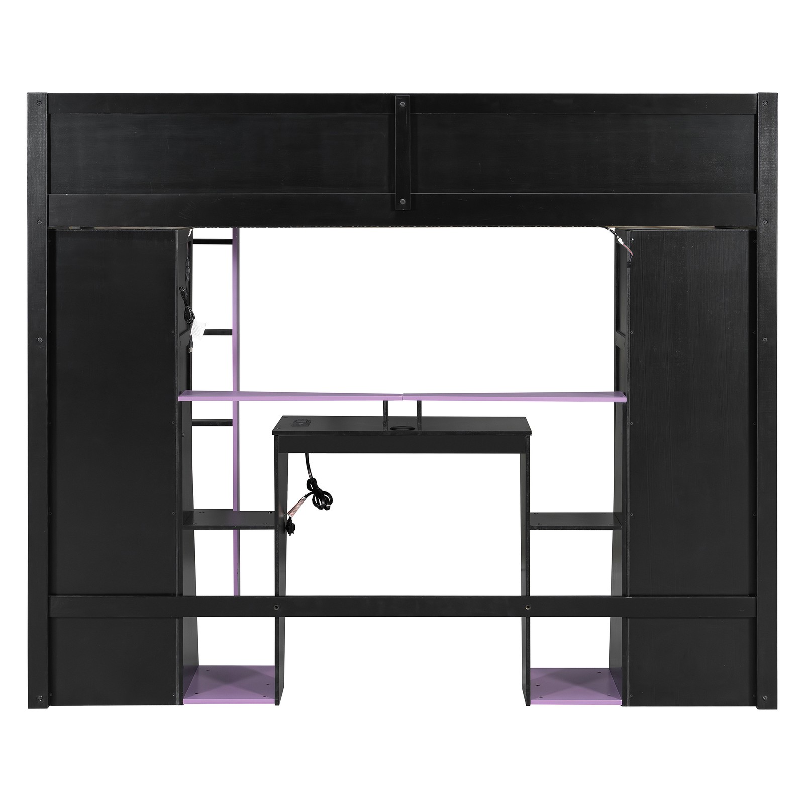 Full Gaming Loft Bed with Desk & Wardrobe,RGB LED Light Wooden Loft Bed Frames
