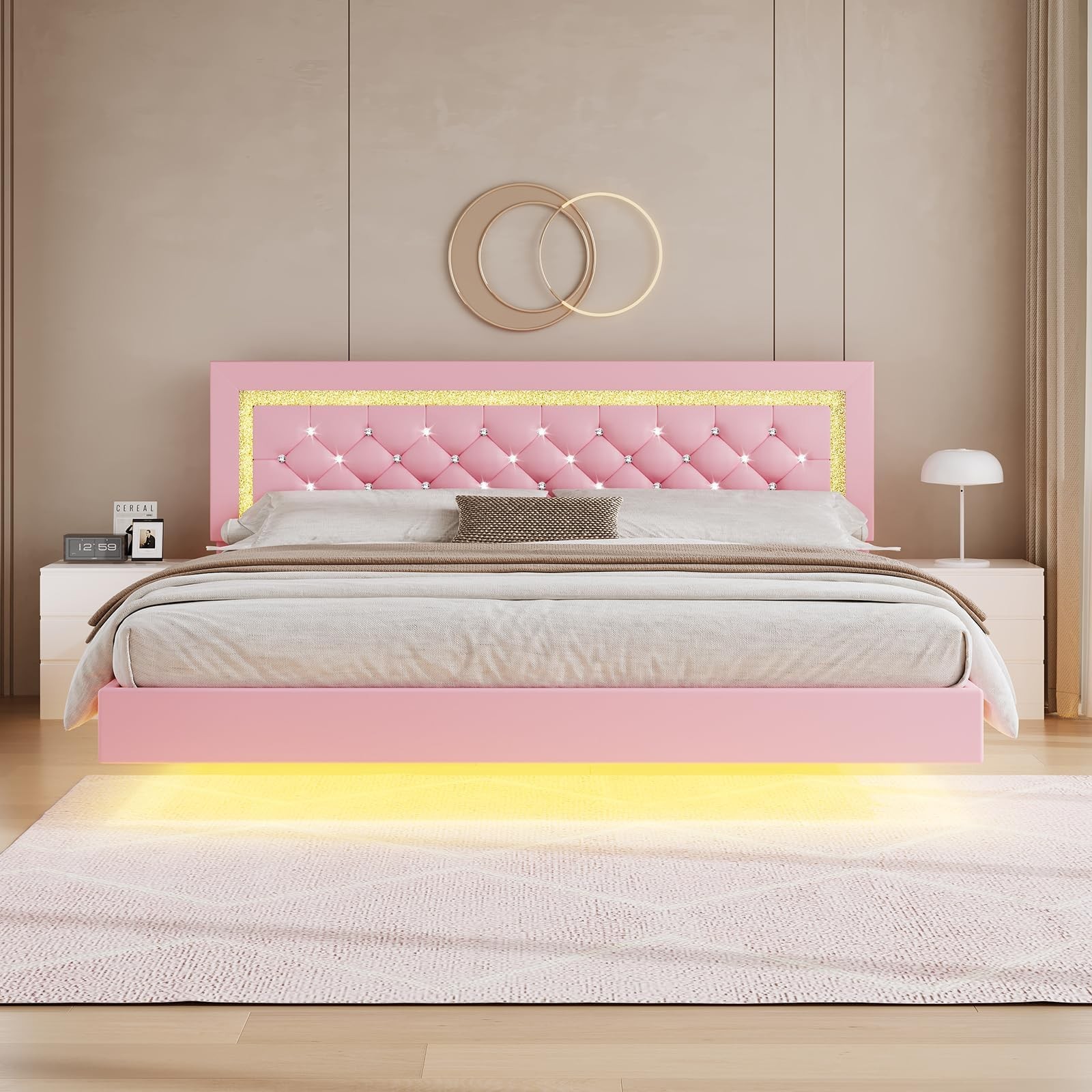 Floating King Bed Frame with LED Lights Upholstered Diamond Headboard Pink