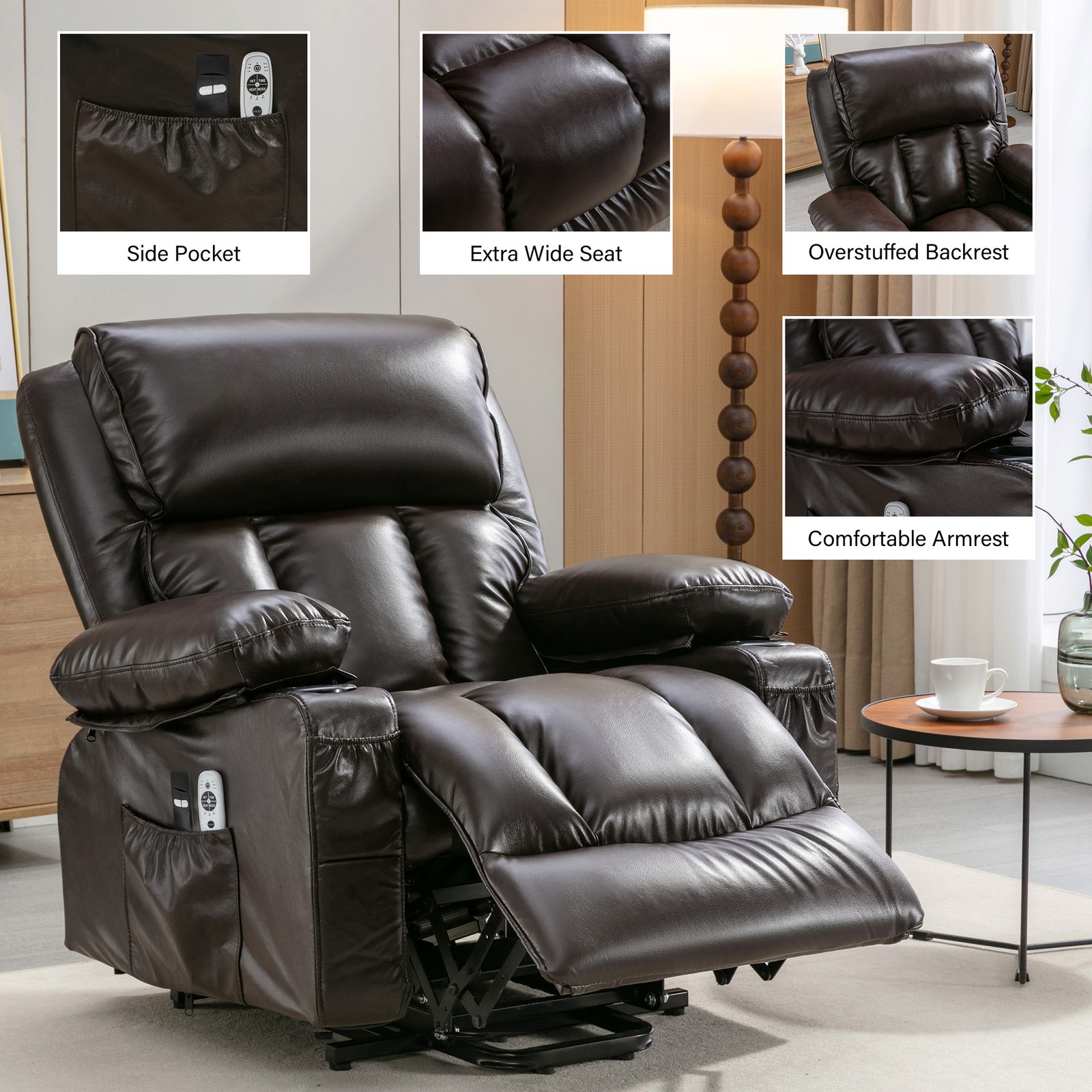 Electric Power Lift Chair Breathable Leather Recliner Chair w/ Massage and Heat