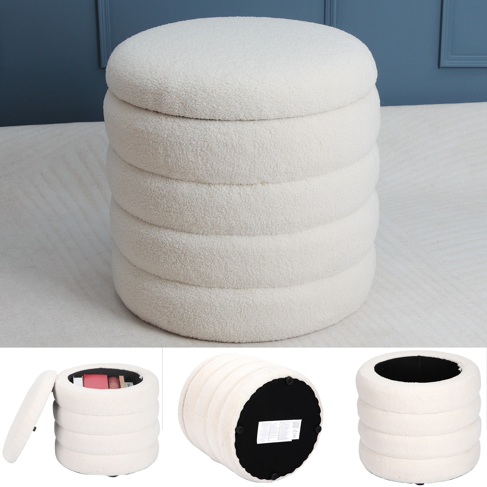 Modern Round Ottoman Storage Box 18” Padded Stool Seat Footstool Teddy flannel
