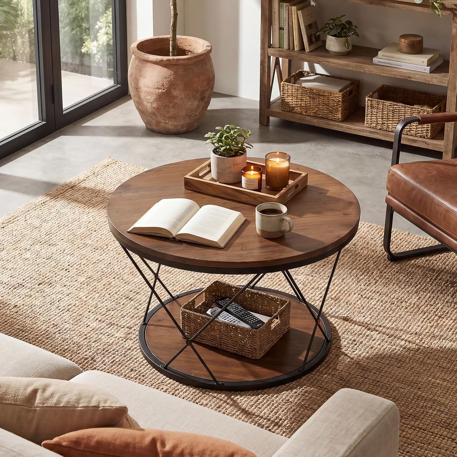 31.5″ Solid Wood Round Coffee Table, Industrial 2-Tier Circle Center Tea Table