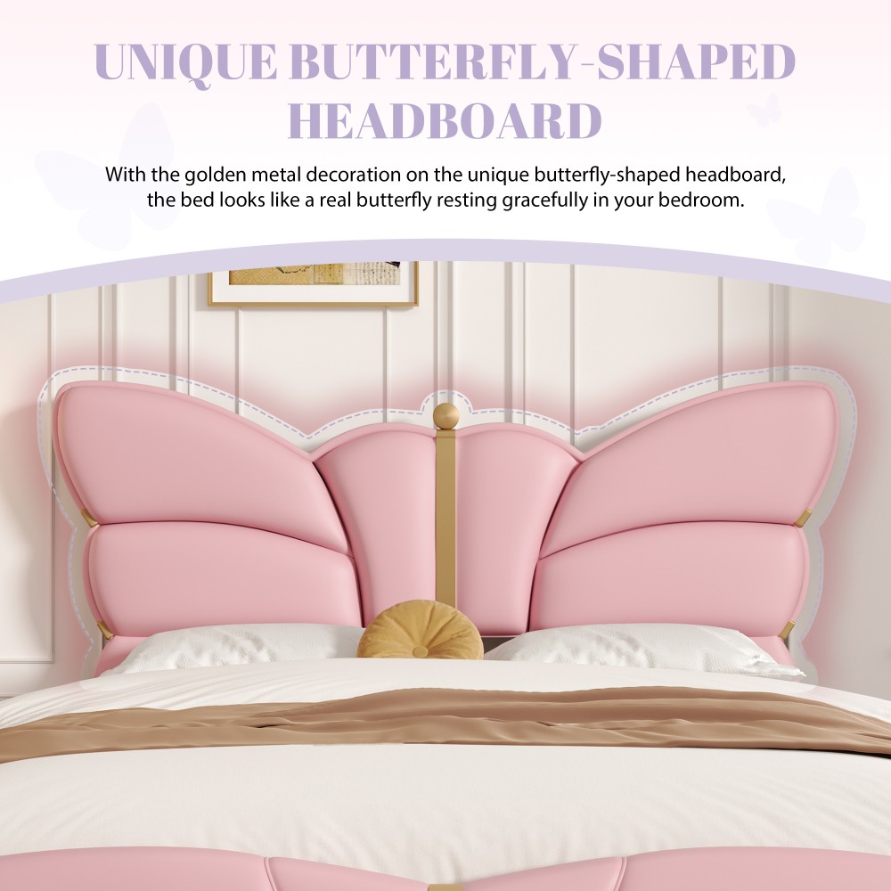 Bed Frame W Leather Upholstery Featuring Butterfly Headboard Includes Footboard