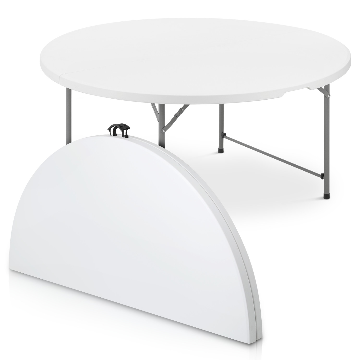 White 5 Ft Round Portable Plastic Dining Table w/Handle Fold-in-Half Picnic Desk