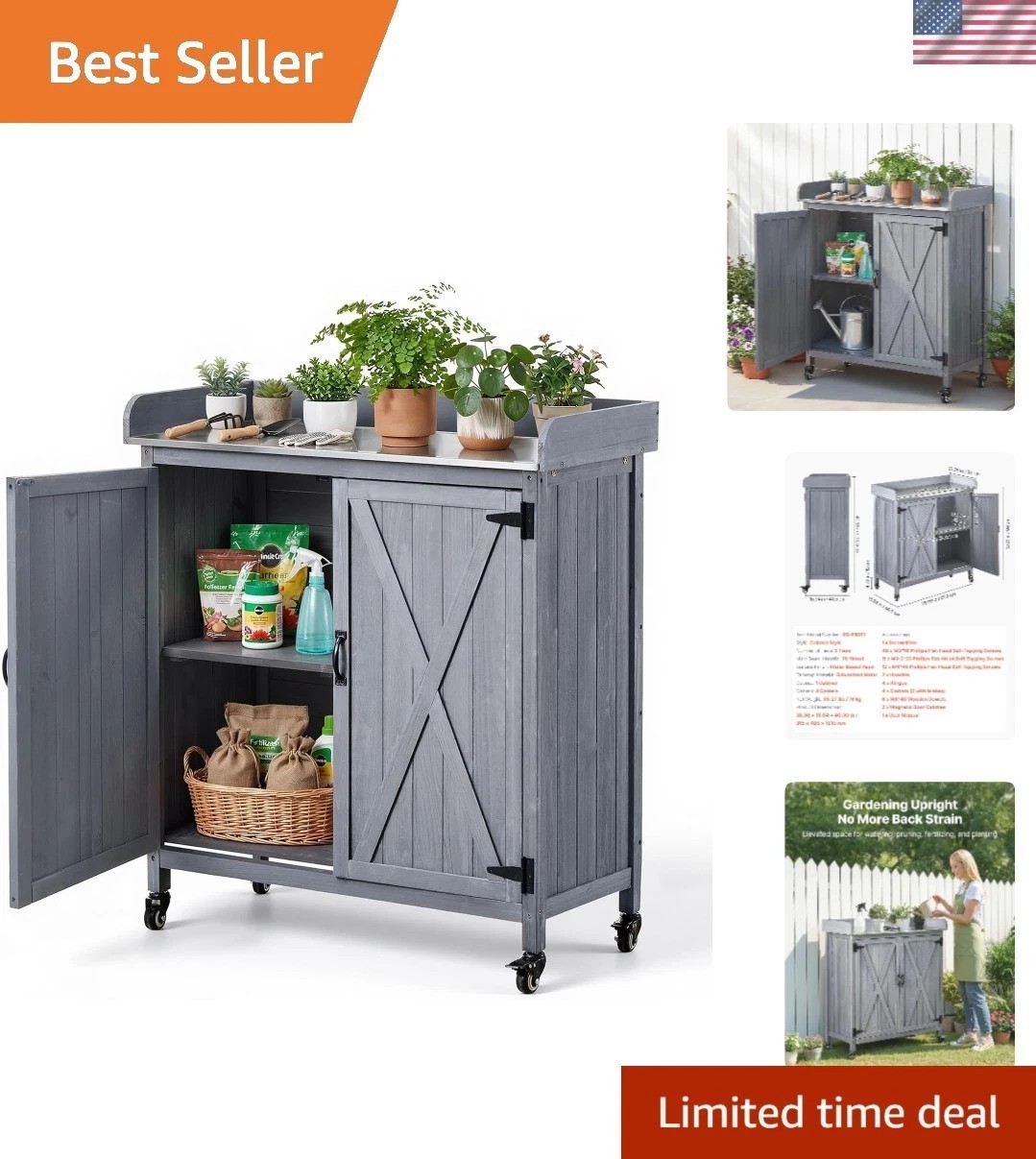 Gray Solid Fir Potting Table with Large Storage – Perfect for Patios & Backyards