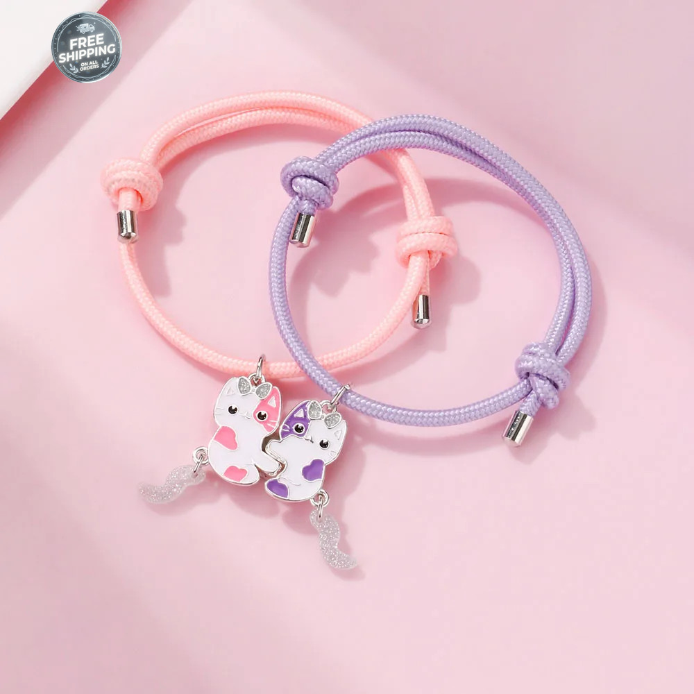 2Pcs Cartoon Cat Magnetic Bracelets BFF Friendship Jewelry Gifts for Kids girls