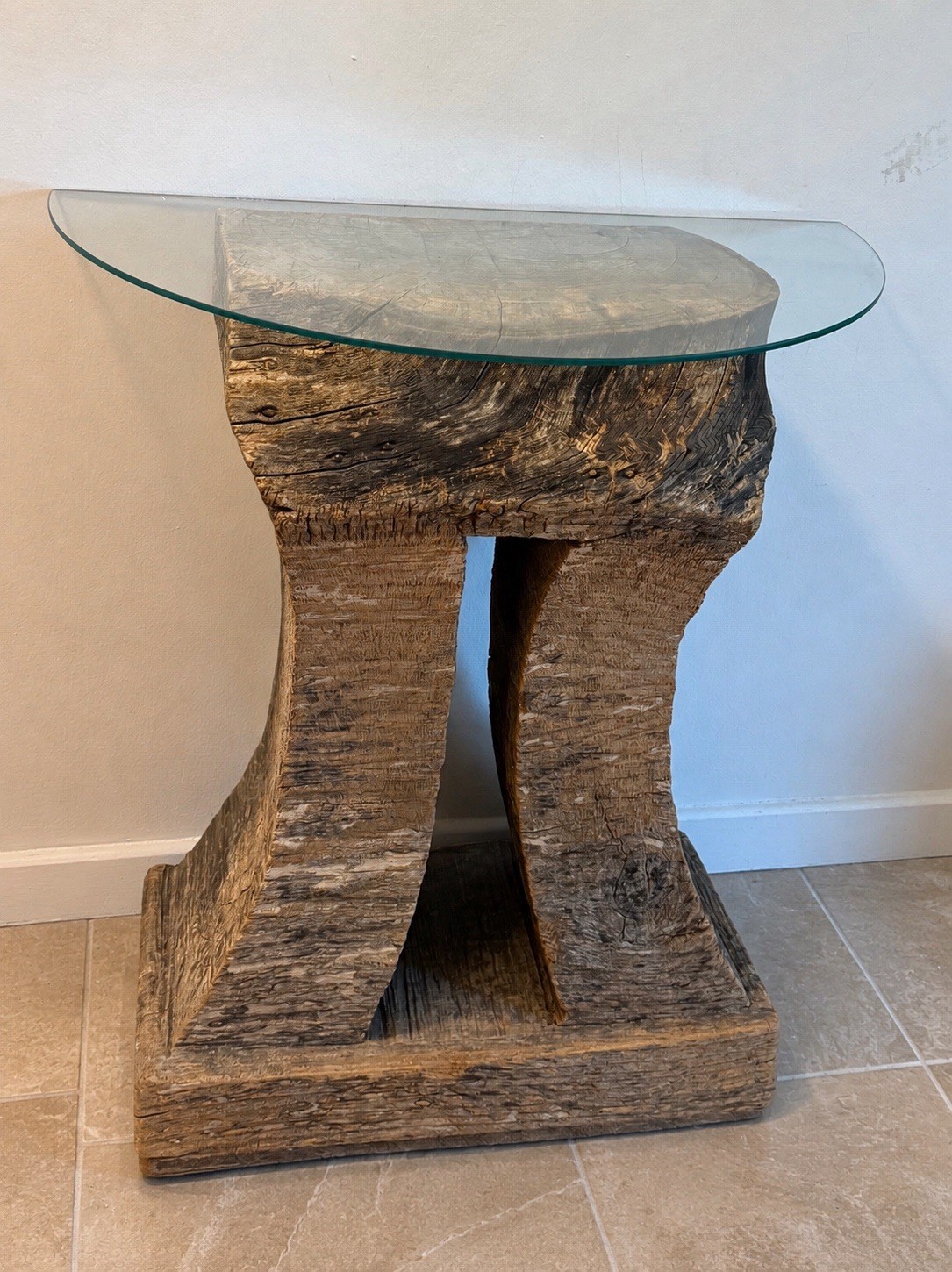 Hand-Carved Rustic Tree Trunk Console Table Semi-Circle Glass Top One-of-a-Kind