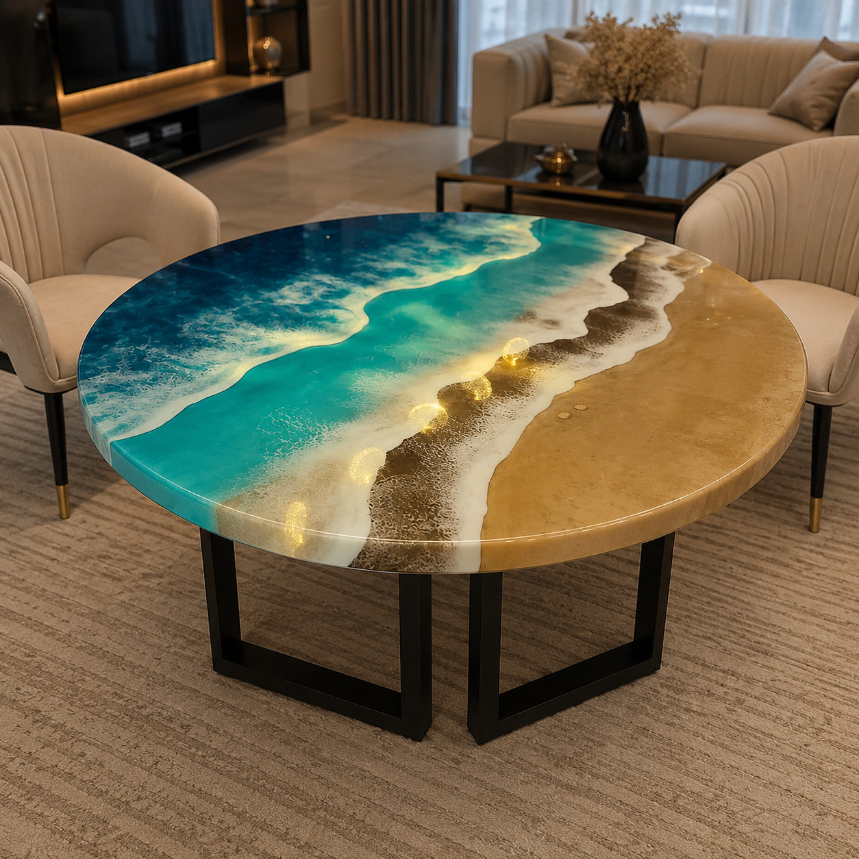 Ocean Wave Epoxy Round Table Top Handcrafted River Acacia Wood Modern Furniture