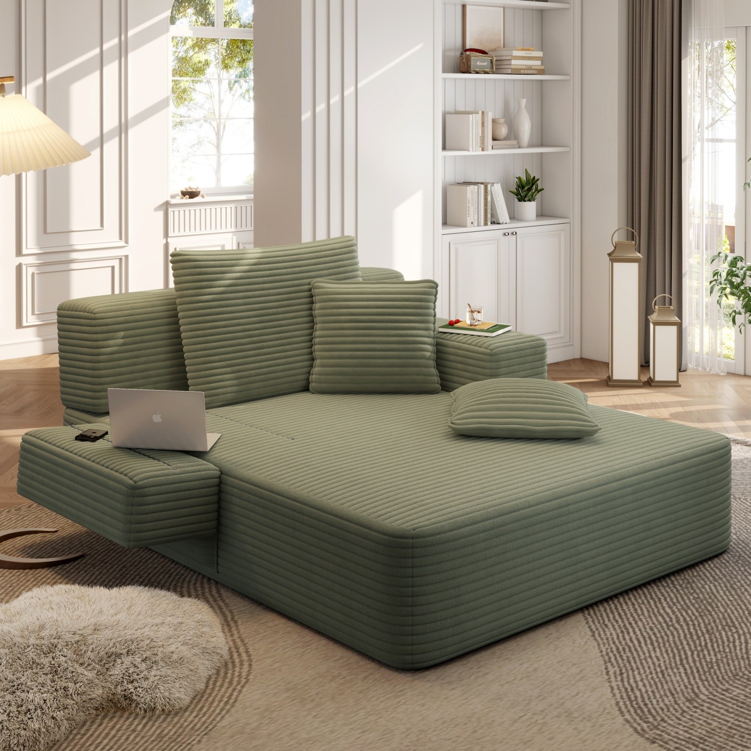 Modern Plush Corduroy Sofa Bed Chaise Lounge No Assembly Required for Apartment