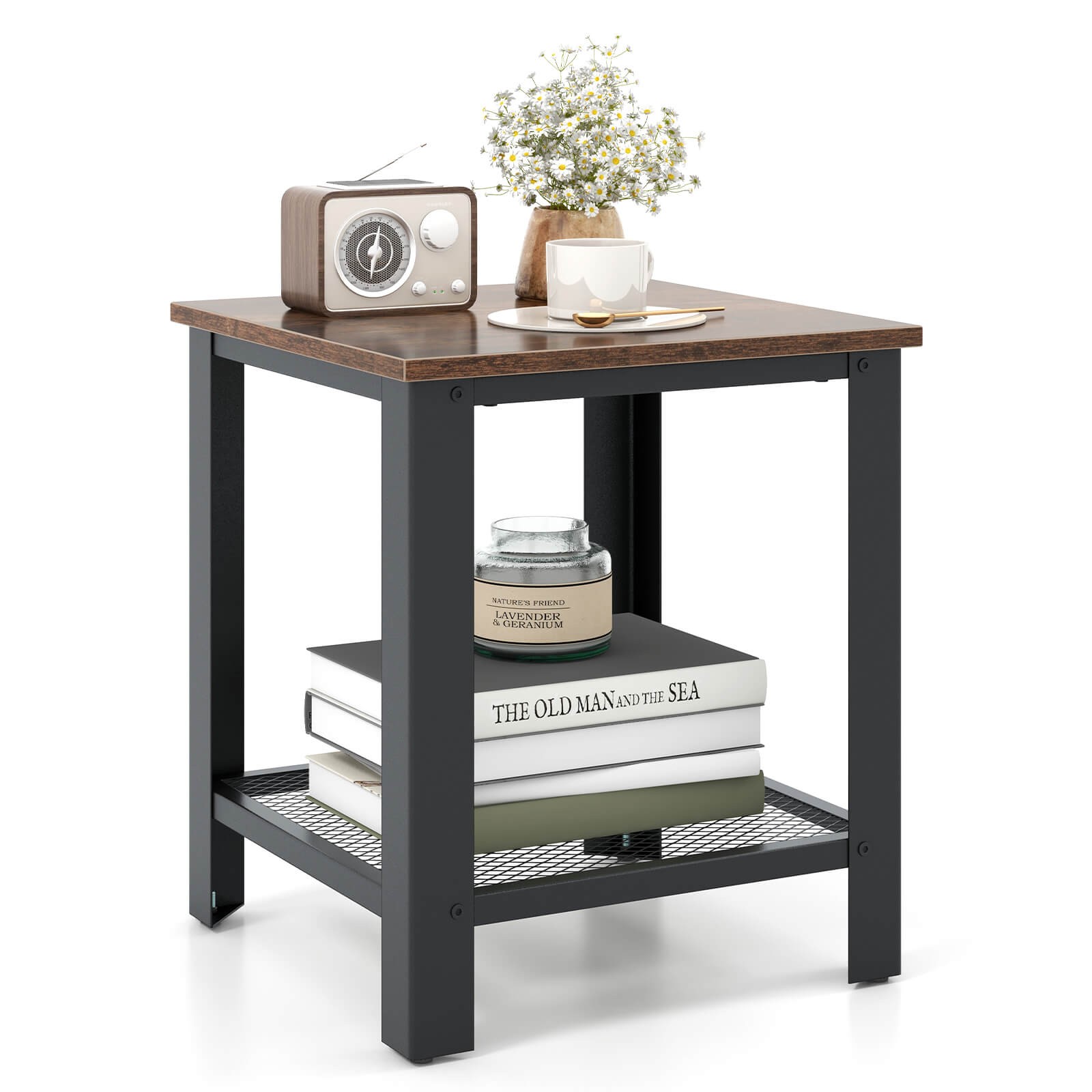 Industrial End Table 2-Tier Side Table W/Storage Shelf Rustic Sofa Table Black