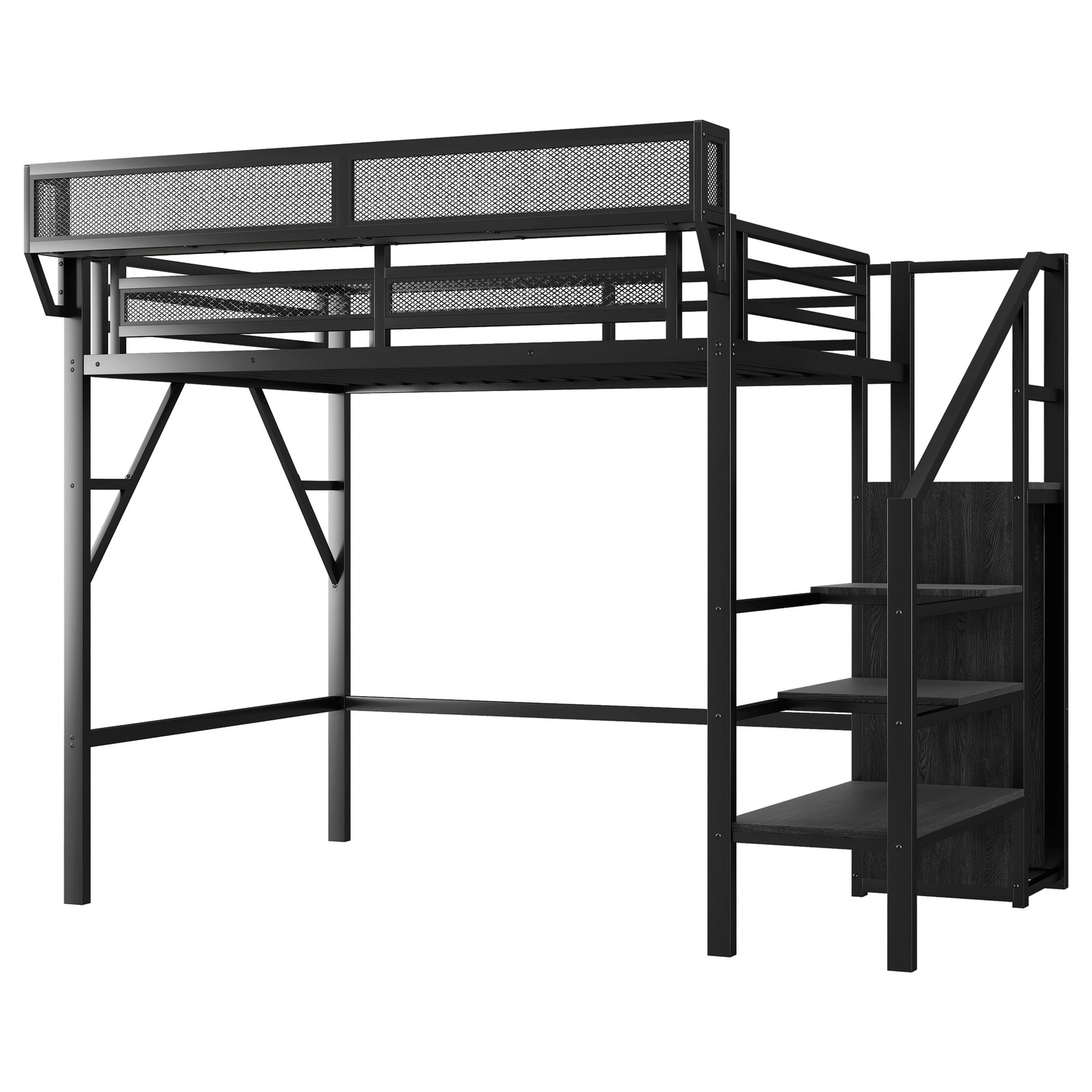 Twin Size Loft Bed with Stairs & Wardrobe, Metal Frame, Black