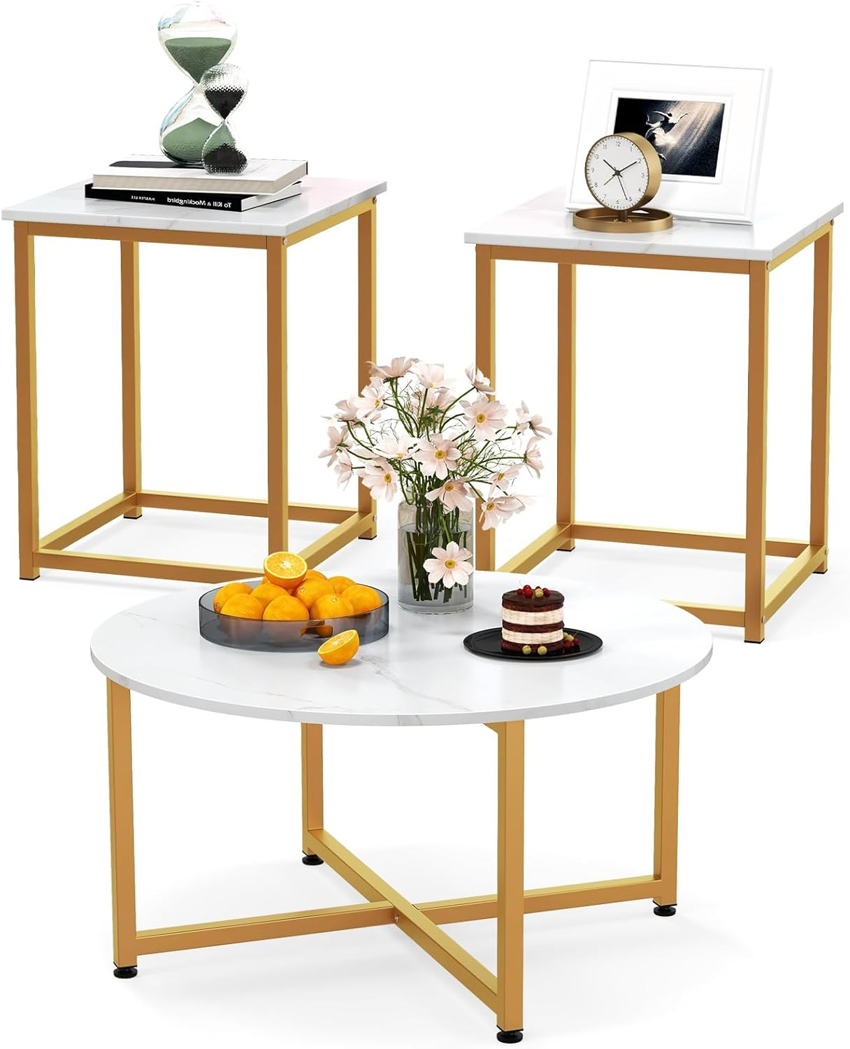 Modern 3-Piece Coffee Table Set with Faux Marble & Metal Frame – White & Gold